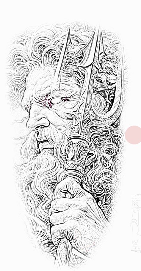 Poseidon Tattoo Design Stencil, Greek Mythology Stencil, Posiden Fan Art, Mens Tattoo Stencils, Poseidon Tattoo Design, Tattoo Sketch Art, Greece Tattoo, Darkside Tattoo, Greek God Tattoo