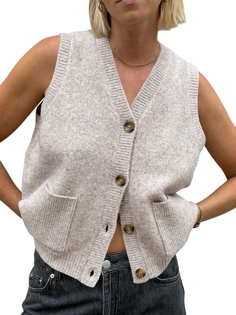 PRICES MAY VARY. Material: 65%Polyester,13%Polyamide,13%Acrylic,6%Wool,3%Elastane. Made of high quality fabric, lightweight summer cardigan is soft and comfortable to wear, lightweight, breathable. Features: This sweaters for women trendy features v neck, front button down design, two side pockets, Loose fit, sleeveless cardigan. Matching: The sleeveless vest for women can match with blouse inside, jeans, leggings, skirt, pants, jacket, loafers, sneakers, boot in cool days to be chic look. You c Women Sweater Vest, Lightweight Cardigan Summer, Vest Knitted, Trendy Vest, Sleeveless Sweater Vest, Summer Cardigan, Cardigan With Pockets, Vest Women, Sweater Vest Women