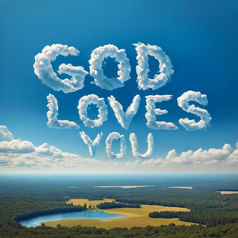 Here is the image depicting the phrase "God Loves You" in the sky.#bible #bibleart God Looking Down From Heaven, Angels In Bible, Angel Aesthetic Biblical, The God Of Angel Armies Is Always By My Side, Jesus Coming In The Clouds, King Jesus, I Know The Plans, Eternal Life, God Loves You