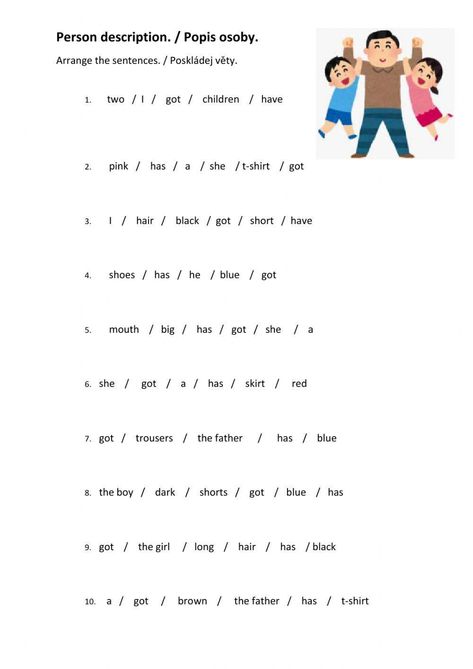 People-s description - arrange sentences Worksheets For Kids English, Writing Sentences Kindergarten, Sentences Worksheet, Building Sentences, Writing Comprehension, Kindergarten Math Worksheets Addition, Kids Exercise, Jumbled Words, Words English