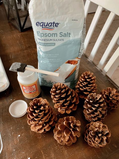 Diy Christmas Ornaments With Pinecones, How To Preserve Pinecones, Diy Frosted Pinecones, Christmas Make And Take, Epsom Salt Crafts Christmas Decorations, Pinecone Winter Crafts, Diy Pinecone Christmas Ornaments, Diy Pine Cone Christmas Decorations, 5 Minute Crafts Christmas