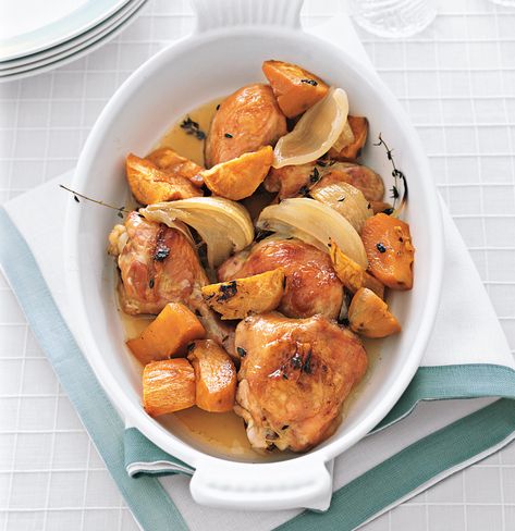 Readers’ 23 All-Time Favorite Real Simple Recipes | At the grocery store, you can save a little bit of money by purchasing a whole chicken instead of the breasts. This recipe utilizes the whole bird and cooks in one dish, making cleanup a breeze. Simply cut the poultry into eight pieces, toss with a maple syrup glaze, and bake. #recipes #recipeideas #realsimple #fastrecipes #quickrecipe #weeknight Chicken With Sweet Potatoes, Real Simple Recipes, Maple Chicken, Chicken Sweet Potato, Sweet Potato Recipes, Sheet Pan Recipes, Real Simple, Roasted Chicken, Sweet Potatoes