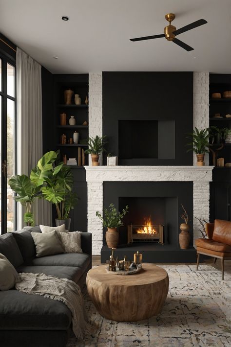 modern boho living room design, boho living room ideas, fireplace design, interior design styles, boho chic decor, cozy living room, wall decor ideas Boho Living Room With Fireplace, Boho Fireplace, Modern Boho Aesthetic, Living Room Design Boho, Boho Style Living, Light Oak Floors, Colorful Desk, Modern Boho Living Room, Decor Elements