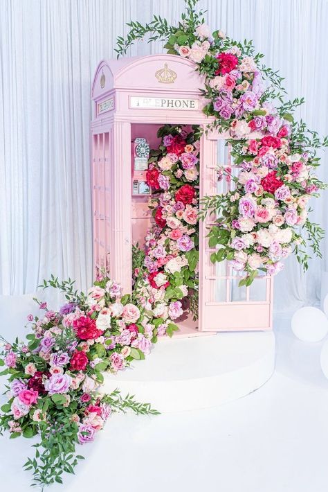 Pink Telephone Booth, Bridal Shower Decorations Ideas, Pink Bridal Shower Ideas, Pink Telephone, Booth Backdrops, Bridal Shower Backdrop, Unique Bridal Shower, Pink Bridal Shower, Pink And Purple Flowers