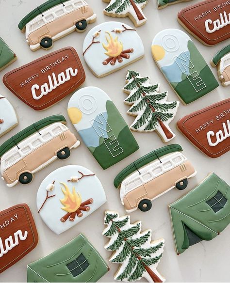 National Park Bday Party, Camping Birthday Cookies, One Happy Camper First Birthday Cookies, Camping Sugar Cookies, National Parks Birthday Party, National Park Cookies, One Happy Camper Cookies, Happy Camper Cookies, Camper Cookies