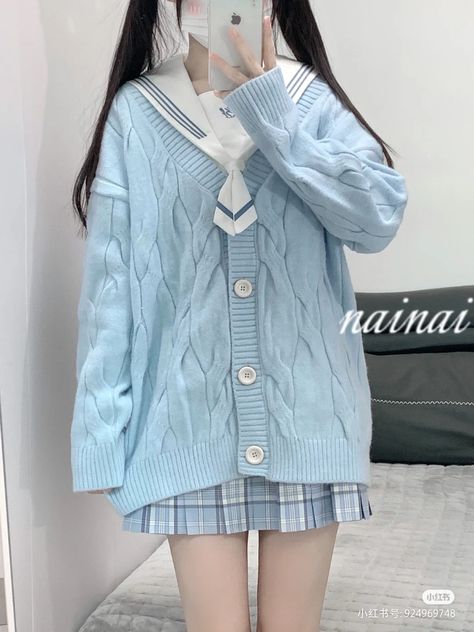 Korean Uniform, Pastel Clothes, Pastel Blue Dress, Blue Uniform, Light Blue Cardigan, Baby Mode, Blue Outfits, Light Blue Aesthetic, Lovely Fashion