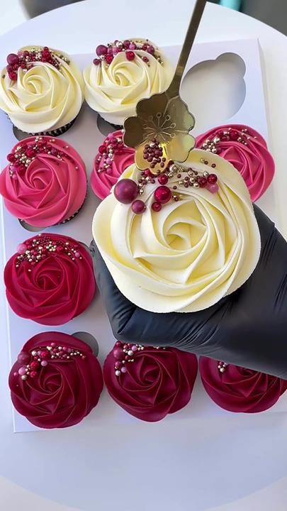 Rosette Cupcakes, Tiered Cake Design, Pink Cupcakes, Red Ombre, Wedding Cupcakes, Birthday Cupcakes, Sprinkles, Pastry, Make It Yourself