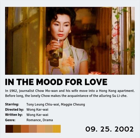 #wongkarwai #film #colorpallette In The Mood For Love Color Palette, Drama Notes, Love Color Palette, Maggie Cheung, In The Mood For Love, Mood For Love, Color Psychology, In The Mood, The Mood