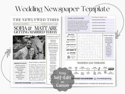 The Newlywed Post, Newlywed Post Newspaper, The Wedding Post Newspaper, Bridesmaid Giveaways, Wedding Day Newspaper, Newlywed Newspaper, Crazy Wedding Ideas, Wedding Newspaper Ideas, Fun Reception Ideas