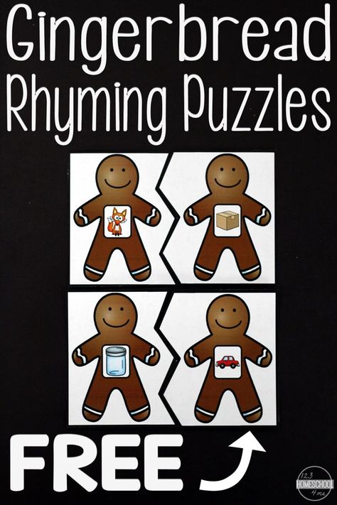 FREE Gingerbread Rhyming Puzzles - these are so cute, LOW PREP, and make a great learning activity for December for Preschool, Kindergarten, and first grade students. Great for at home learning, holiday centers, or homeschool. Holiday Activities For Preschoolers, Gingerbread Unit Kindergarten, Gingerbread Literacy Activities Preschool, Christmas Kindergarten Activities, Gingerbread Centers Kindergarten, Gingerbread Positional Words, Gingerbread Sequencing Free Printable, Gingerbread Literacy Preschool, Gingerbread Activity