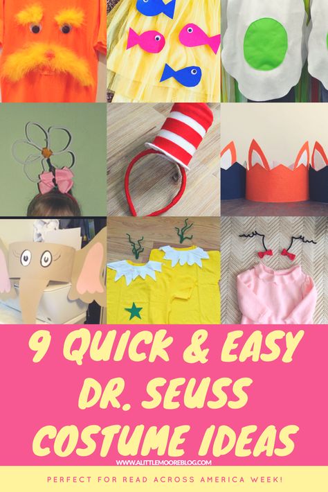 Nine Quick and Easy Dr. Seuss Costumes for Kids Dr Seuss Costume Ideas, Dr Seuss Diy Costumes, Dr. Seuss Costumes, Easy Book Character Costumes, Dr Suess Characters, Seuss Costumes, Dr Seuss Costumes, Costume Ideas For Kids, Read Across America Week