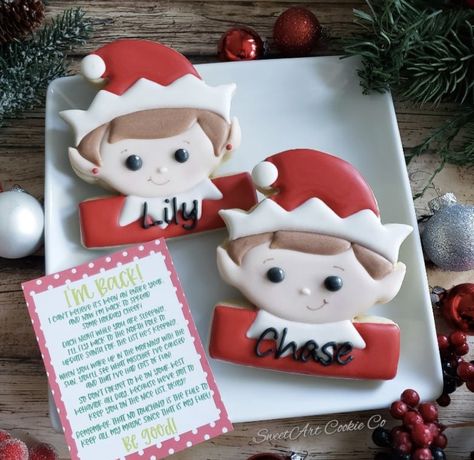 Elf On The Shelf Cookies Decorated, Elf On The Shelf Cookies, Icing Biscuits, Aus Day, Cookie Board, Elf Cookies, Iced Biscuits, Winter Cookie, Decorating Cookies