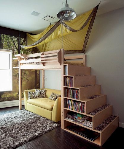 Love this loft bed and bookshelf steps. Awesome use of space. Stairs Bed, Unique Kids Bedrooms, Kids Nook, Rectangle Bedroom, A Loft Bed, Bunk Beds With Stairs, Nook Ideas, Shared Bedroom, Kids Bunk Beds