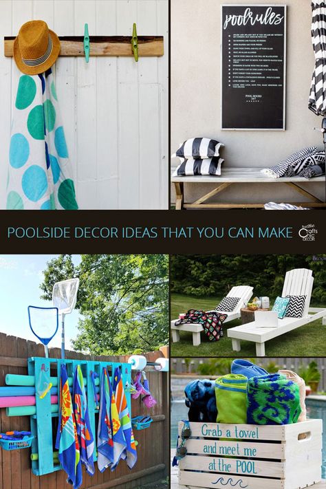 Poolside Decor That You Can Make - Rustic Crafts & Chic Decor Pool Toy Organization, Beach Theme Backyard, Pool Towel Holders, Pallet Pool, Water Ideas, Patio Cooler, Poolside Decor, Pool Storage, Rustic Decorating