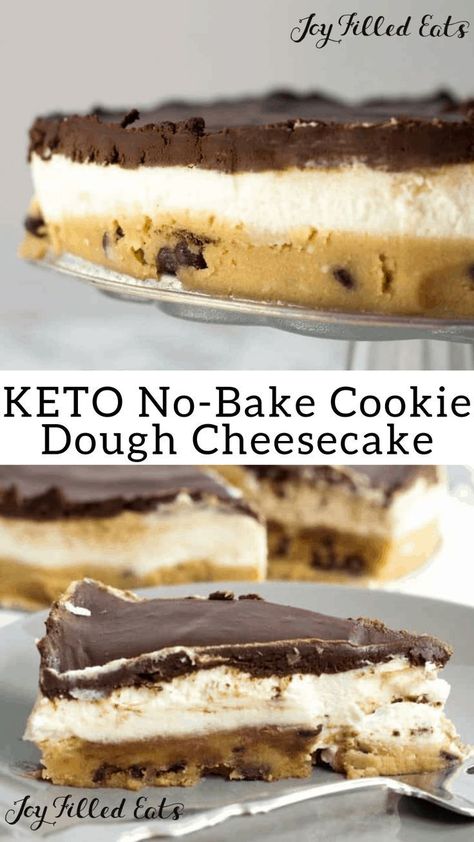 No-Bake Keto Cookie Dough Cheesecake – Low Carb, Grain-Free, Gluten-Free, Sugar-Free, THM S - With a layer of raw chocolate chip cookie dough, a layer of creamy cheesecake, and a layer of rich chocolate ganache my No Bake Cookie Dough Cheesecake may be the best dessert ever. #lowcarb #lowcarbrecipes #lowcarbdiet #keto #ketorecipes #ketodiet #thm #trimhealthymama #glutenfree #grainfree #glutenfreerecipes #recipes #cheesecake #nobake #desserts #dessertrecipes #ketodessert #lowcarbdessert No Bake Cookie Dough Cheesecake, Best Dessert Ever, Dolce Poche Calorie, Recipes Cheesecake, Keto Cookie Dough, No Bake Cookie, Cookie Dough Cheesecake, No Bake Cookie Dough, Desserts Keto