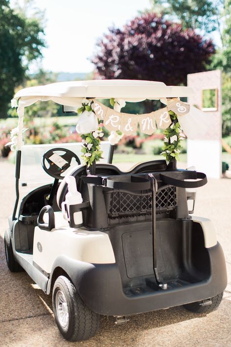 Golf-Cart Wedding Transportation Golf Cart Decorations, Famous Golf Courses, Golf Photography, Wedding Transportation, Golf Course Wedding, Cart Decor, Wedding Exits, Best Golf Courses, Getaway Car