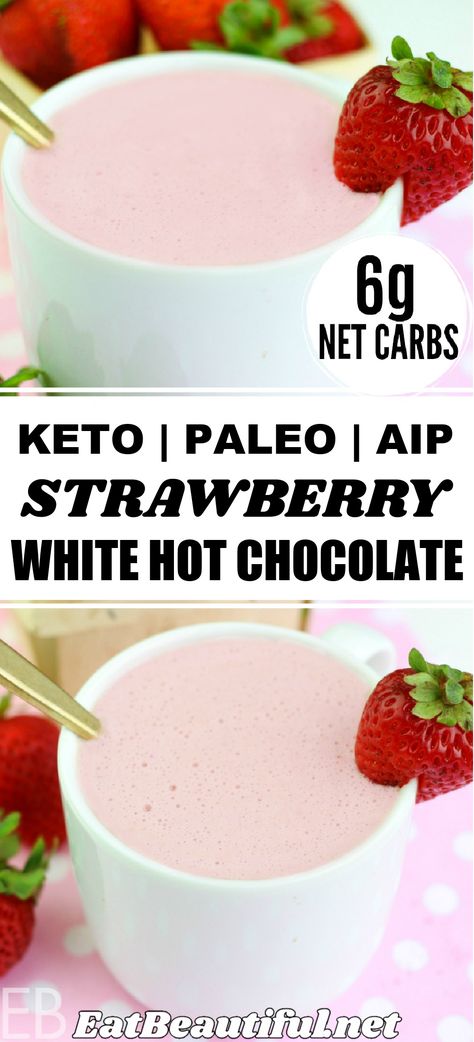 LOVE THIS Drink! Strawberry White Hot Chocolate is SO delicious! Keto, Low Carb, Paleo, AIP & GAPS. Enjoy this rich, creamy & sweet drink every season of the year, made w/ fresh or frozen berries. | Eat Beautiful | ketogenic | warm cozy drinks | white hot chocolate | keto hot chocolate | keto strawberry | keto white chocolate | aip hot drinks | aip strawberry recipes | aip hot chocolate | paleo hot chocolate | paleo strawberry || #keto #paleo #whitechocolate #hotchocolate #strawberry #aip Nourishing Drinks, Strawberry Keto, Primal Desserts, Healthy Cocoa, Paleo Smoothies, Homemade Nut Milk, Traditional Desserts, Eat Beautiful, Paleo Drinks