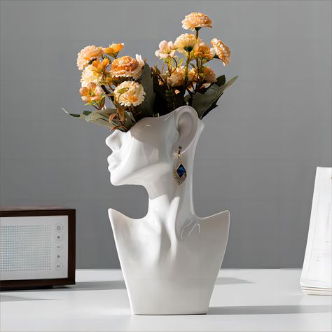 PRICES MAY VARY. 🍁Side Face With Earring Art Ceramic Vase - Feminist Decorative Vase Beautiful and unique modern ceramic vase, changing the concept of traditional vase, beautiful female face and modern vase art design, giving the vase a sense of beauty and fashion. Casually with a bouquet of flowers, exudes elegance, flowers create a romantic atmosphere, add more romance and fashion to your home. 🍁Oiled Glossy Ceramic Vase- Perfect details and extreme craftsmanship, our face vases are professi Side Face, Vase Deco, Face Vase, White Ceramic Vases, Handmade Vase, Vase Shapes, Decoration Originale, Head Vase, Candle Vase