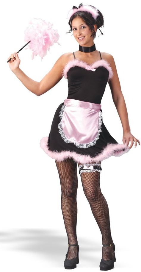 French Maid Pink Teen Costume Cute Waitress Outfit, Housewife Costume, Waitress Outfit, Great Costume Ideas, French Costume, Halloween Costume Store, Black Garter, Pink Costume, Feather Duster