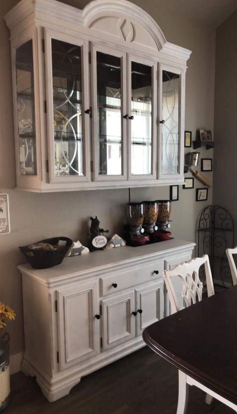 China Cabinet Redo Coffee Stations, Mounted China Cabinet, Refurbished Buffet Cabinet, Hutch Top As Upper Cabinet, China Cabinet Coffee Bar, Dining Room Hutch Ideas, Repurposed China Cabinet, Hutch Redo, China Hutch Makeover