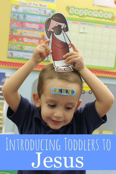 Introducing Toddlers to Jesus - love all of these easy ways to teach a preschooler that Jesus loves them. Teaching Toddlers About Jesus, Preschool Bible Lessons Curriculum, Bible Lessons For Toddlers, Jesus Preschool, Toddler Bible Lessons, Toddler Sunday School, Picture Of Jesus, Toddler Bible, Happy Home Fairy