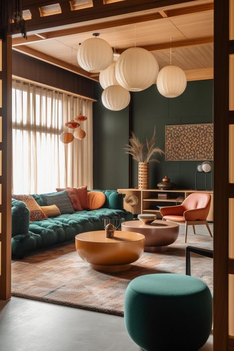 Living Room Modern Color, Scandinavian Interior With Pops Of Color, Orange Blue Green Living Room, Neutral Aesthetic With Pop Of Color, Japandi Interiors Colorful, Japandi Interior With Color, Modern Pop Of Color Living Room, Eclectic Japanese Interior, Scandinavian Living Room Color