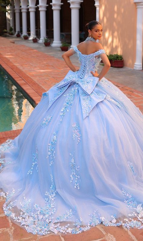 Light blue bow back off the shoulder quinceanera ball gown. Light Blue And Gold Quinceanera Dress, Sky Blue Quinceanera Theme, Quinceanera Dresses Baby Blue, Baby Blue Quince Dresses, Baby Blue Quince, Baby Blue Quinceanera Dresses, Light Blue Ball Gown, Light Blue Quinceanera Dresses, Baby Blue Quinceanera