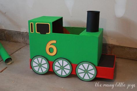 How To Build A Train Out Of Cardboard, Box Train Diy Cardboard, Train Halloween Costume, Thomas The Train Costume, Train Engineer Costume, Cardboard Train, Diy Train, Thomas Train Birthday, Train Costume