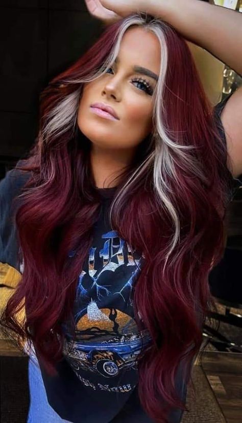 Plum With Blonde Highlights, Red Hair Color With Blonde Money Piece, Burgundy Hair Blonde Bangs, Red Hair Color For Tan Skin, Unique Vivid Hair Color, Different Colors Of Red Hair, Hair Fashion Color Ideas, Grey With Red Hair, Maroon With Money Piece