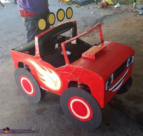 Diy Hot Wheels Costume, Blaze Monster Truck Costume, Blaze Costume Diy, Blaze And The Monster Machine Costume, Blaze Halloween Costume, Cardboard Monster Truck, Blaze Costume, Monster Truck Costume, Blaze Monster Truck