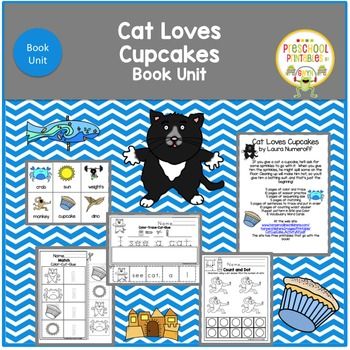 Cat Loves Cupcakesby Laura NumeroffIf you give a cat a cupcake, hell ask for some sprinkles to go with it.  When you give him the sprinkles, he might spill some on the floor. Cleaning up will make him hot, so youll give him a bathing suitand thats just the beginning! 5 pages of color and trace10 pages of scissor practice5 pages of sequencing size5 pages of matching5 pages of sentences to trace and put in order10 pages of counting w/dot dauberPuppet pattern in B/W and Color8 Vocabulary Word C... Cupcake Crafts, Book Cupcakes, Love Cupcakes, Preschool Printable, Floor Cleaning, On The Floor, Vocabulary Words, Teacher Store, Love Book