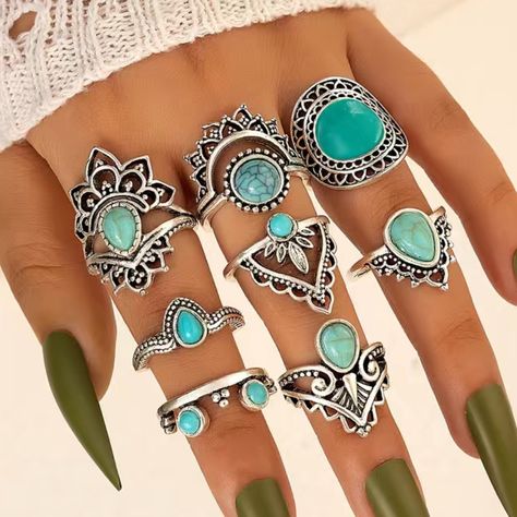 Western Rings, Turquoise Decor, Look Festival, Stackable Rings Silver, Vintage Bohemian Style, Costume Rings, Turquoise Boho, Boho Style Jewelry, Geometric Ring