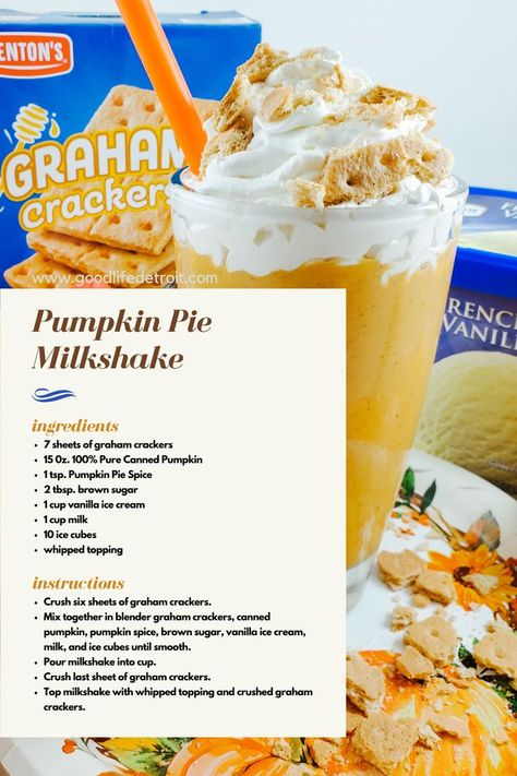 pumpkin pie milkshake dessert recipe card Pumpkin Pie Milkshake Recipe, Pumpkin Pie Milkshake, Pumpkin Pie Shake Recipe, Pumpkin Milkshake, Pumpkin Pie Shake, Pie Milkshake, Pumpkin Spice Drinks, Milkshake Recipe, Homemade Pumpkin Pie