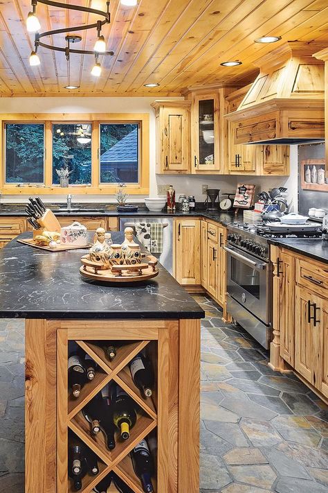 Hickory Cabinets With Wood Floors, Backsplash With Hickory Cabinets, Log Home Kitchen Ideas, Natural Hickory Kitchen Cabinets, Hickory Cabinets Kitchen, Rustic Hickory Kitchen Cabinets, Natural Hickory Cabinets, Rustic Hickory Kitchen, Rustic Hickory Cabinets