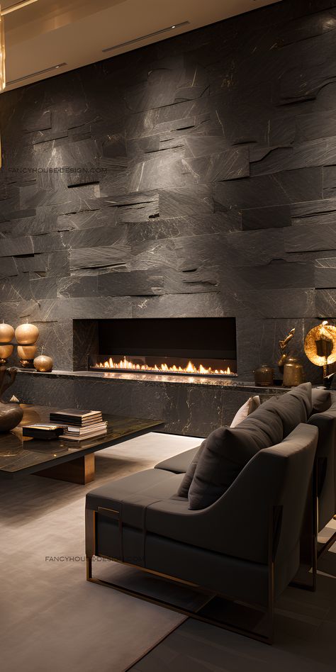 Stone cladding and carefully chosen decorations make this living room design stand out. The stone cladding in this interior design adds texture and character to the living room. Stone On Walls Interior, Lava Stone Fireplace, Stacked Stone Wall Interior, Wall Designs For Bedroom, Brick Wall Interior Living Room, Stone Wall Living Room, Stone Fireplace Wall, Stone Feature Wall, Stone Walls Interior