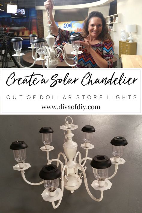 Entertain outdoors with a DIY solar chandelier | Diva of DIY Spray Painted Chandelier, Solar Chandelier Diy, Solaire Diy, Solar Chandelier, Painted Chandelier, Chandelier Makeover, Old Chandelier, Solar Light Crafts, Solar Fountain