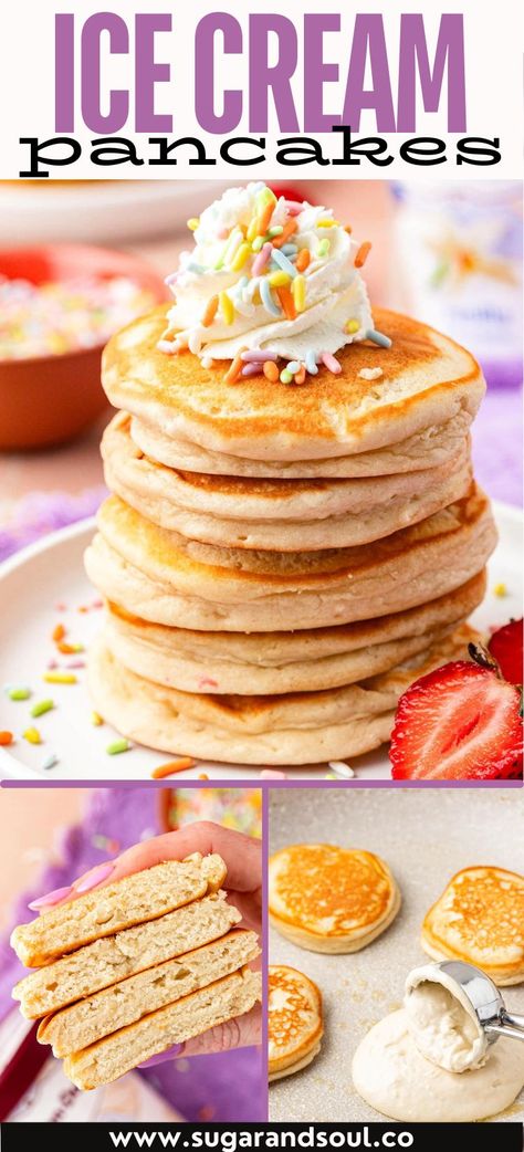 Indulge in the easiest and fluffiest pancakes you've ever tasted with this Ice Cream Pancake Recipe. Featuring a delightful combination of ice cream and self-rising flour, this recipe guarantees a delicious breakfast that borders on dessert! Ice Cream Pancake Recipe, Ice Cream Pancakes, Fluffiest Pancakes, Cream Pancakes, Pancake Party, Ice Cream For Breakfast, Pancake Toppings, Ultimate Breakfast, Sweet Butter