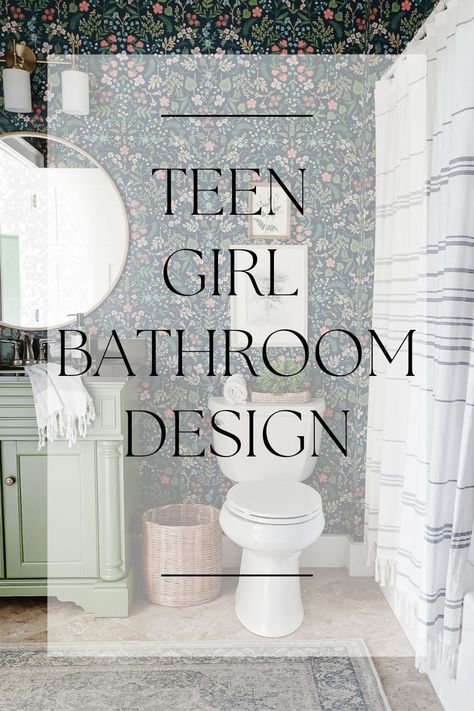 blue floral wallpaper in bathroom with green vanity Teen Girl Shower Curtain, Preteen Bathroom Ideas, Teenage Bathroom Ideas, Teenage Girl Bathroom Ideas, Shared Bathroom Decor, Neutral Kids Bathroom Ideas, Kids/guest Bathroom, Kids Bathroom Small, Teenage Girl Bathroom