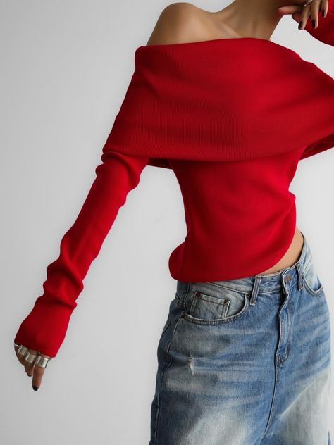 Long Vertical Line Outfit, Red Off Shoulder Sweater, Red Off Shoulder Top Outfits, Red Clothes Casual, Sweater Tied Around Shoulders Outfit, Cute Red Outfits, Off Shoulder Knit Top, Red Off Shoulder Top, Shoulder Tops Outfit