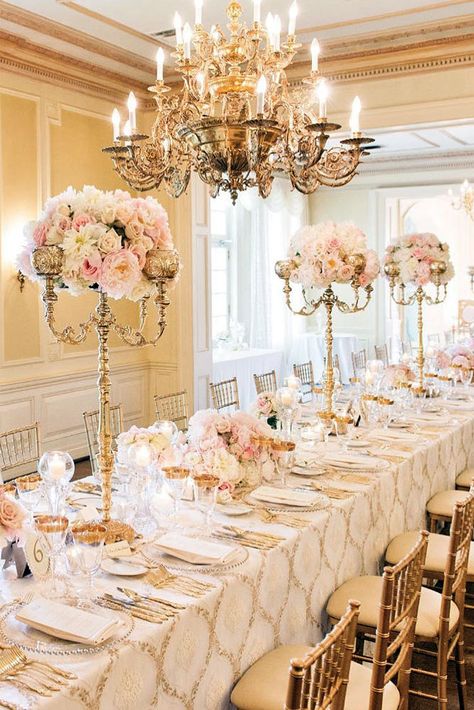 gold wedding decorations high gold candelabra with flowers golden tablecloth and chairs studio 2000 via instagram Pink Wedding Receptions, Candelabra Centerpiece, Elegant Wedding Reception, Gold Wedding Decorations, Tall Centerpieces, Golden Wedding, Long Table, Mod Wedding, Black Tie Wedding