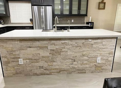 Stone Kitchen Island Designs - Designing Idea White Stone Kitchen Island, Stacked Stone Kitchen Island, Stone On Kitchen Island, Kitchen Island With Stone, Tiled Kitchen Island, Brick Kitchen Island, Kitchen Island Stone, Stone Tiles Kitchen, Stone Kitchen Island