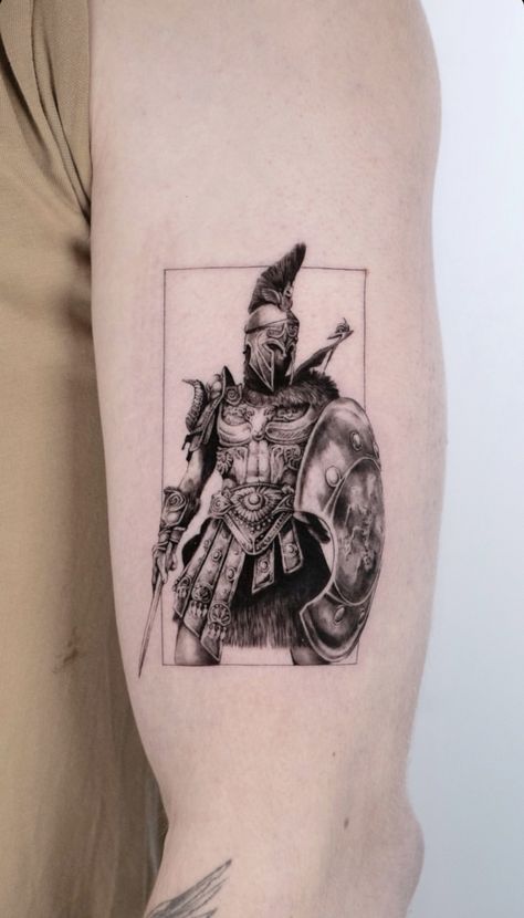 Tattoo Ideas Spartan, Geometric Warrior Tattoo, Microrealism Tattoo Men Arm, Micro Realism Sleeve Tattoo, Rear Shoulder Tattoo, Tattoo Fine Line Sleeve, Fine Line Warrior Tattoo, Roman Tattoo Ideas For Men, Greek Fineline Tattoo