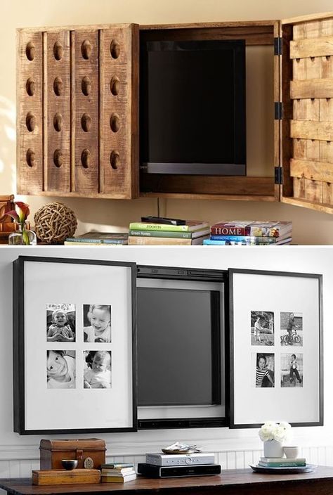 Hide Tv Over Fireplace, Hidden Tv Cabinet, Tv A Muro, Tv Over Fireplace, Wall Mounted Tv Cabinet, Tv Wall Cabinets, Tv Covers, Hidden Tv, Bedroom Tv