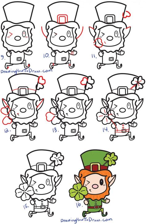 Cute Leprechaun Drawing, How To Draw A Leprechaun, St Patrick’s Day Doodles, Leprechaun Doodle, Leprechaun Drawing, Cartoon Leprechaun, Patrick Drawing, Steps Drawing, Clover Painting