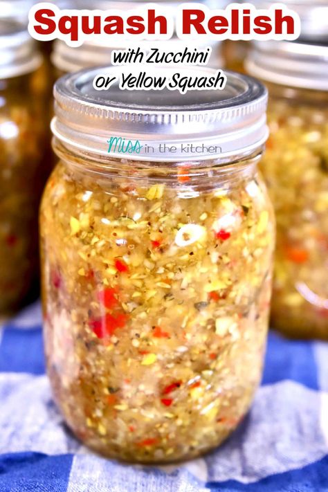 Squash Relish is a great way to preserve your summer squash or zucchini to enjoy all year long. It makes a great addition to so many meals and adds great flavor to your favorite sandwich spreads. Sweet Squash Relish Canning Recipe, Canning Recipes For Yellow Squash, Summer Squash Pickles, Bread And Butter Squash Pickles, Squash Relish Recipe Yellow, Zuchini Relish Canned, Preserve Summer Squash, Preserving Yellow Summer Squash, Pickled Squash And Zucchini