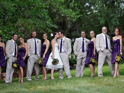 Plum and silver wedding ideas Khaki Wedding, Wedding Party Attire, Light Grey Suit, Purple And Silver Wedding, Wedding Parties Pictures, Bridal Party Attire, Party Attire, Grey Suit, Beach Bridal