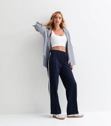 Navy Joggers Outfit, Navy Joggers, Black Linen Trousers, Maternity Trousers, Wide Leg Joggers, Joggers Outfit, Flare Trousers, Linen Trousers, Side Stripe