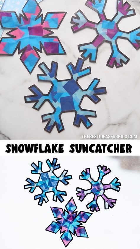 Snowflake Suncatchers - get free printable snowflake suncatcher templates to make these! Snowflake Suncatcher Craft, Winter Suncatcher Craft For Kids, Snowflake Suncatcher Craft For Kids, Snow Themed Crafts, Snowflake Activities For Kids, Snowflake Craft Preschool, Snowflakes Preschool, Snowflake Template Printable Free, Snowflake Art Projects For Kids