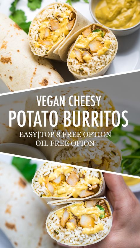 Vegan Cheesy Potato Burritos Potato Burrito Recipe, Potato Burritos, Vegan Nacho Cheese Sauce, Potato Burrito, Vegan Potatoes, Seasoned Roasted Potatoes, Vegan Nacho Cheese, Sweet Potato Burrito, Vegan Breakfast Burrito