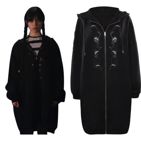 Wednesday Zipper Hoodie Addams Wednesday Cosplay Costume Long Coat Outfits Halloween Carnival Party Wednesday Addams Outfit Inspiration, Wednesday Addams Fashion, Long Coat Outfits, Wednesday Addams Style, Wednesday Cosplay, Wednesday Addams Outfit, Wednesday 2022, Addams Wednesday, Wednesday Addams Cosplay